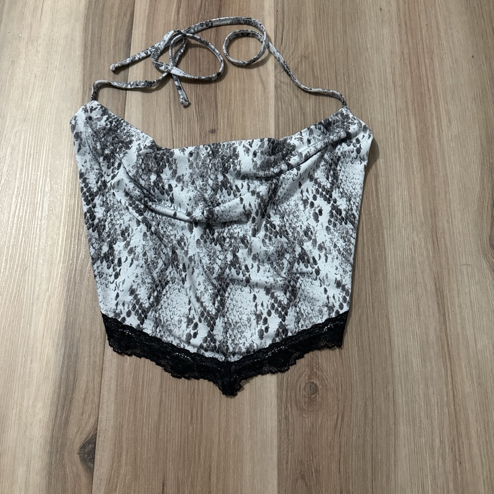 Snake print halter top with black lace trim